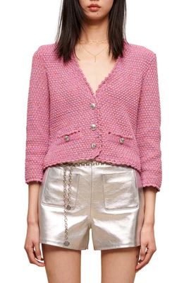 maje Minigram Tweed Cardigan in Pink
