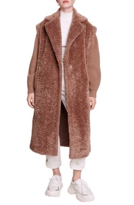 maje Mix Media Faux Fur Coat in Brown