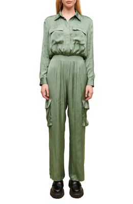 maje Paicy Long Sleeve Satin Cargo Jumpsuit in Green