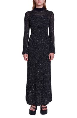 maje Raville Sequin Long Sleeve Knit Maxi Dress in Black