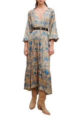 maje Ritache Floral Print Belted Dress in Blue Abstract
