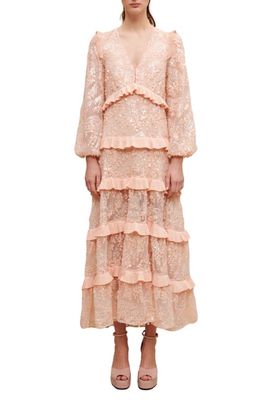 maje Rosean Sequin Long Sleeve Tiered Dress in Pink