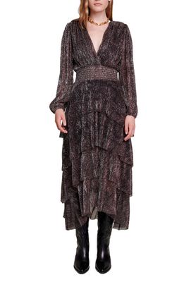 maje Ruffinity Metallic Long Sleeve Tiered Maxi Dress in Brown