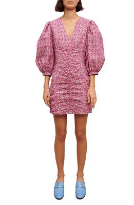 maje Ryad Floral Puff Sleeve Cotton Dress in Fuchsia