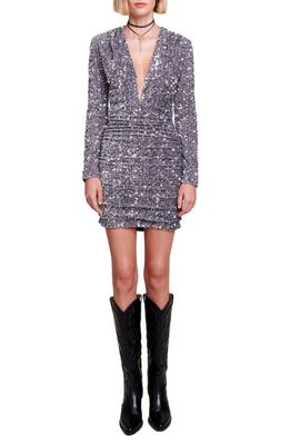 maje Sequin Plunge Long Sleeve Minidress in Silver