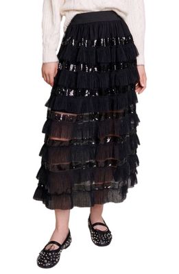 maje Sequin Ruffle Maxi Skirt in Black