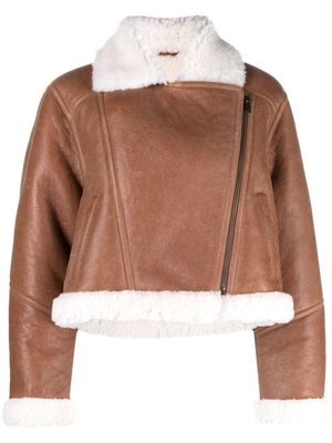Maje shearling-trim leather jacket - Brown