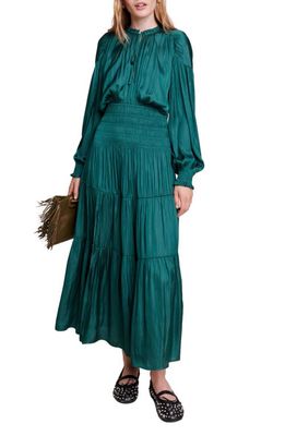 maje Smocked Long Sleeve Satin Dress in Med Green