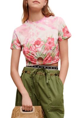 maje Tiplit Floral Ring Hardware Cotton Crop T-Shirt in Pink/Green Hibiscus