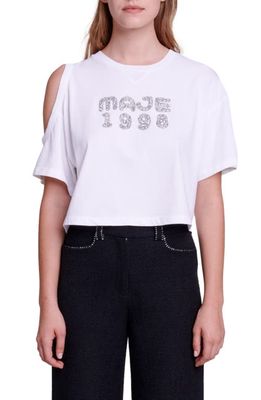 maje tte Single Cold Shoulder Cotton Graphic Crop T-Shirt in White
