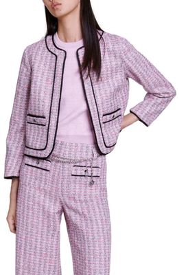 maje Vatri Tweed Tipped Open Front Jacket in Pink