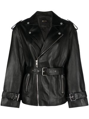 Maje wide-sleeved belted leather jacket - Black