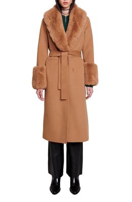 maje Wool Blend Belted Coat with Faux Fur Trim in Camel