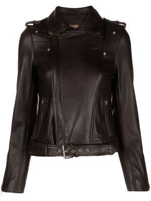Maje zip-up leather biker jacket - Brown