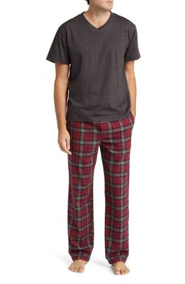 Majestic International V-Neck T-Shirt & Flannel Pajama Pants Set in Red/Grey