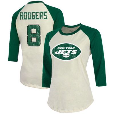 Majestic Threads Women's Fanatics Branded Aaron Rodgers Cream/Green New York Jets Player Raglan Name & Number Fitted 3/4-Sleeve T-Shirt