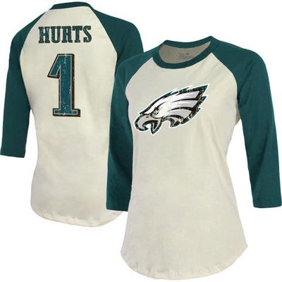 Majestic Threads Women's Fanatics Branded Jalen Hurts Cream/Midnight Green Philadelphia Eagles Player Raglan Name & Number Fitted 3/4-Sleeve T-Shirt