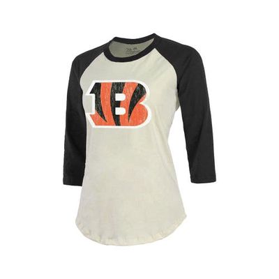 Majestic Threads Women's Fanatics Branded Joe Burrow Cream/Black Cincinnati Bengals Player Raglan Name & Number Fitted 3/4-Sleeve T-Shirt at