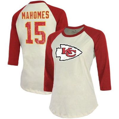Majestic Threads Women's Fanatics Branded Patrick Mahomes Cream/Red Kansas City Chiefs Player Raglan Name & Number 3/4-Sleeve T-Shirt