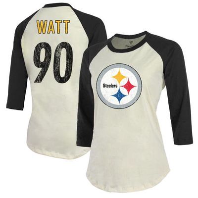 Majestic Threads Women's Fanatics Branded T. J. Watt Cream/Black Pittsburgh Steelers Player Raglan Name & Number Fitted 3/4-Sleeve T-Shirt at