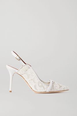 Malone Souliers - Marion 85 Leather-trimmed Corded Lace Slingback Pumps - White