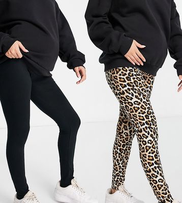 Mamalicious Maternity 2-pack over-the-bump leggings in black and leopard print