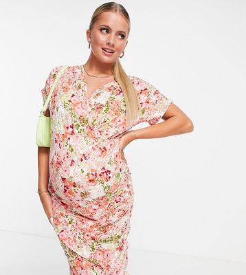 Mamalicious Maternity body-conscious mini dress with ruched side detail in red floral - MULTI