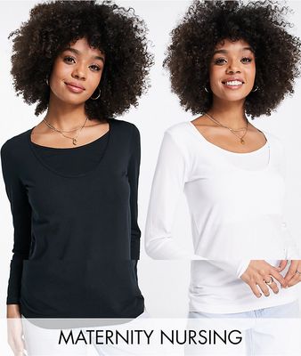 Mamalicious Maternity cotton blend long sleeve t-shirt 2 pack with nursing function - MULTI