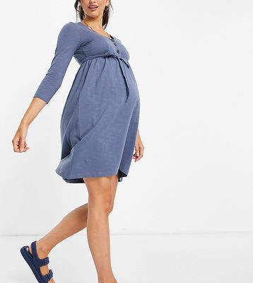 Mamalicious Maternity cotton long sleeve t-shirt button front dress with over the bump tie in blue - MBLUE-Blues