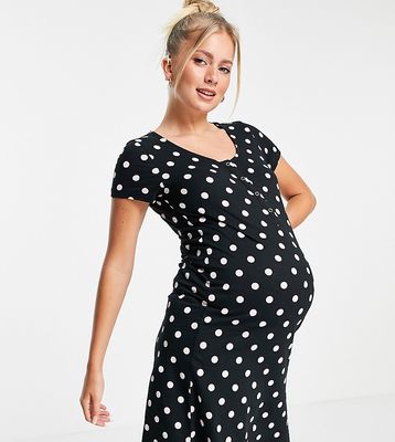 Mamalicious Maternity cotton night gown with nursing function in black polka dot - MULTI