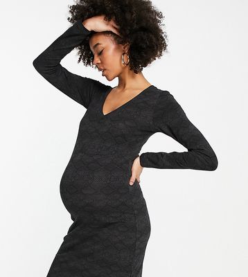 Mamalicious Maternity cotton ruched front midi dress in charcoal snake print - gray