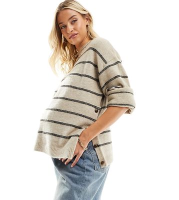 Mamalicious maternity high neck stripe knit sweater in beige-White