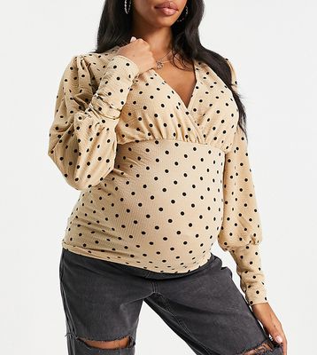 Mamalicious Maternity long sleeve top with wrap front detail in polka dot - MULTI