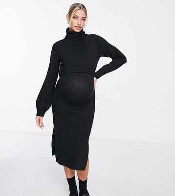Mamalicious Maternity nursing roll neck 2 function knitted midi dress in black