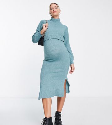 Mamalicious Maternity nursing roll neck 2 function knitted midi dress in teal-Green