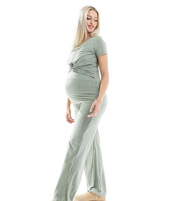 Mamalicious Maternity over the bump ribbed jersey wide leg pants in smoke green - part of a set