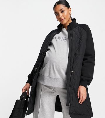 Mamalicious Maternity quilted coat with drawstring waist and funnel neck in black