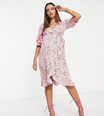 Mamalicious Maternity short sleeve floral wrap dress in pink