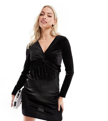 Mamalicious Maternity velvet knit front bodycon mini dress in black