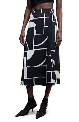 MANGO Abstract Print Belted Satin Midi Skirt in Black