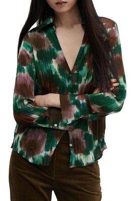 MANGO Abstract Print Long Sleeve Button-Up Top in Green