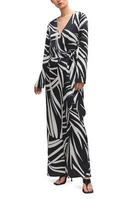 MANGO Abstract Print Long Sleeve Wrap Jumpsuit in Black