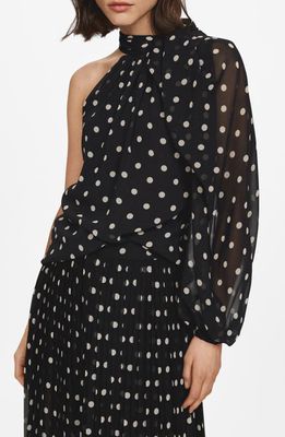 MANGO Adela Polka Dot One-Shoulder Chiffon Top in Black 