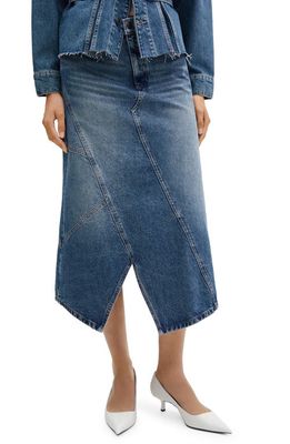 MANGO Asymmetric Denim Midi Skirt in Dark Blue