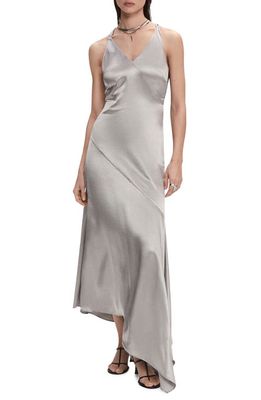 MANGO Asymmetric Hem Satin Maxi Dress in Silver