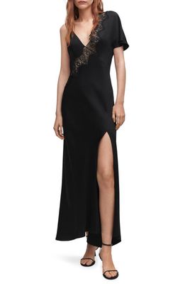 MANGO Asymmetric Lace & Satin Dress in Black