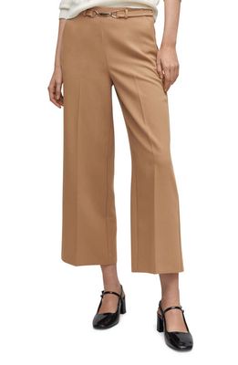 MANGO Belt Detail Crop Pants in Medium Brown