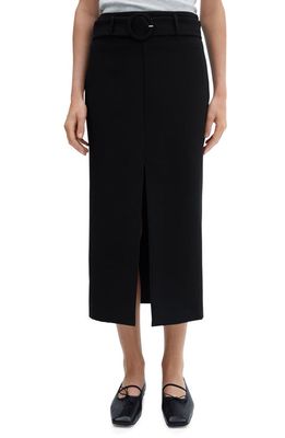 MANGO Belted Front Slit Midi Skirt in Black