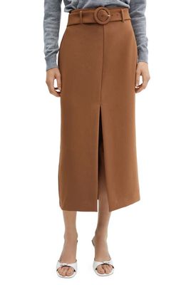 MANGO Belted Front Slit Midi Skirt in Medium Brown