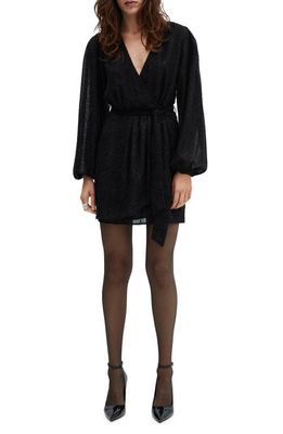 MANGO Belted Fuzzy Long Sleeve Minidress in Black